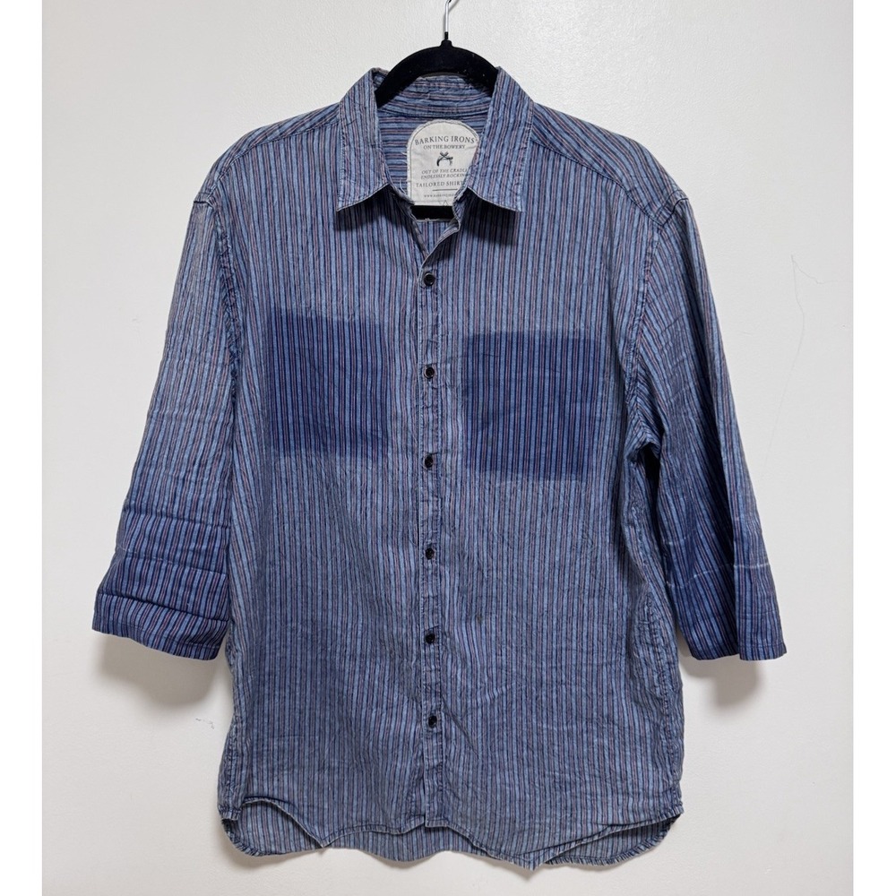 VTG Barking Irons On The Bowery Mens M Linen Stripe Shirt Blue Red Americana